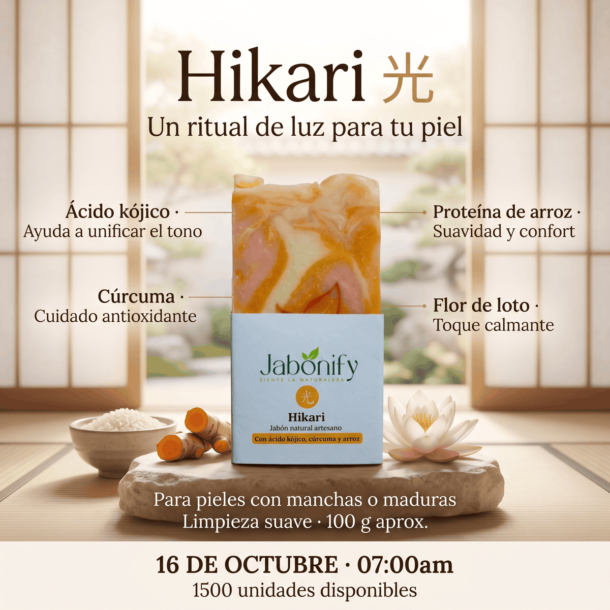 Jabón Hikari con Ácido Kójico, Cúrcuma y Arroz