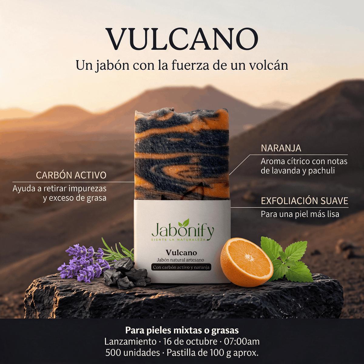 Jabón Vulcano con Carbón Activo y Naranja