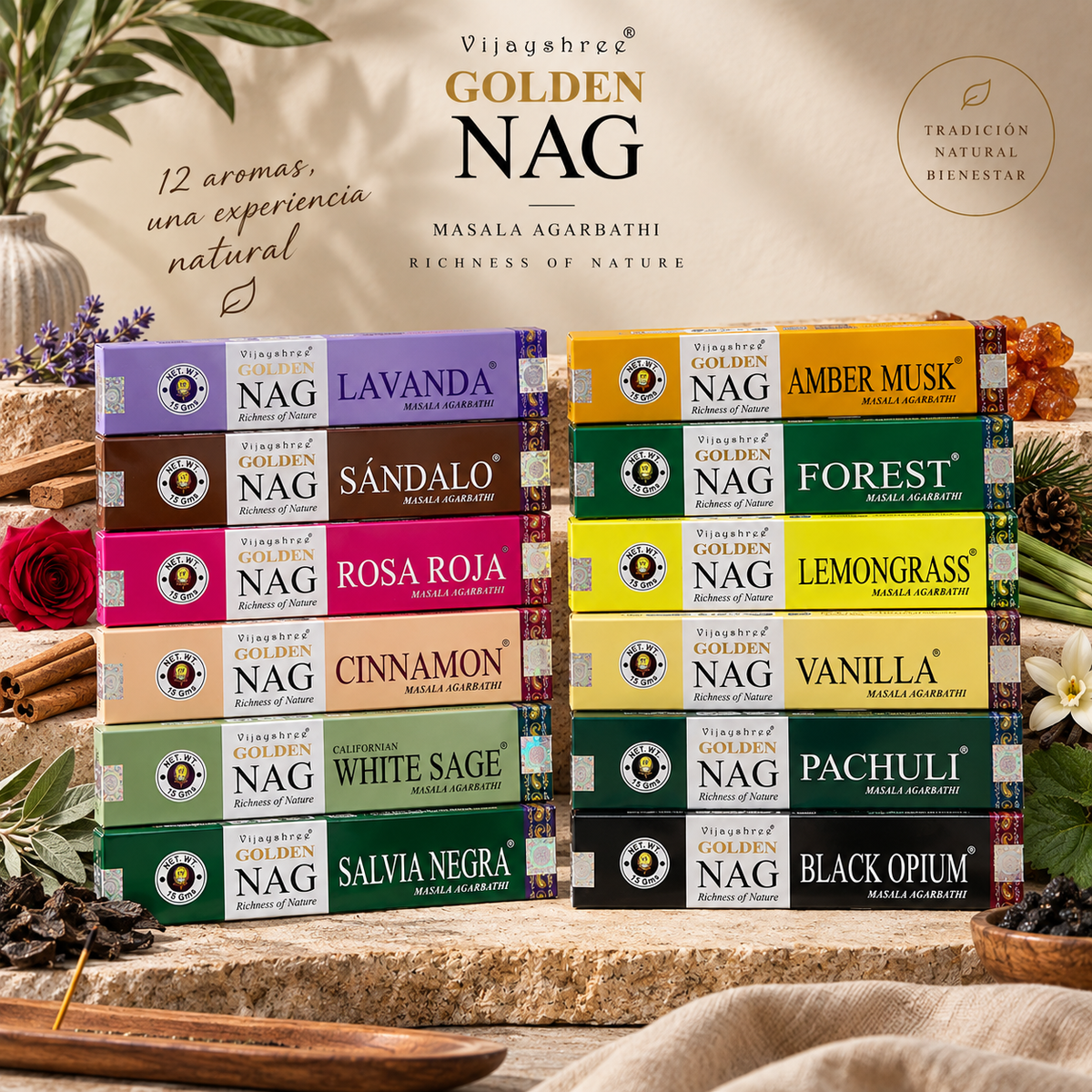 Incienso Golden Nag Artesanal · 12 Aromas